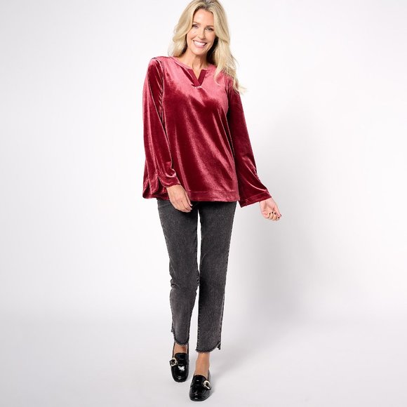 Knit Velvet Split Neck Pullover Top - Picture 5 of 8